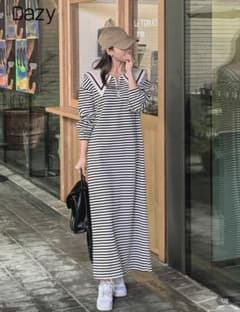 DAZY レディース ロング丈 七分袖 ジップアップ ストライプ ドレスのサムネイル