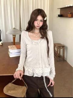 shein 長袖 カーディガン ドット柄 フリル 春　秋 アプリコット　ベージュのサムネイル