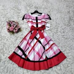 【新品♡美シルエット】エムズグレイシー　チェック×リボンフレアワンピース　ピンク 美品♡美シルエット】エムズグレイシー チェック×リボンフレア