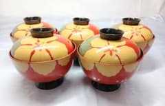 骨董 能登輪島塗 朱漆内黒 芙蓉花蒔絵 お椀 5客 レトロ アンティーク 