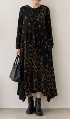 美品 EIKO KONDOエイココンドウロングワンピース 黒 総柄 変形 日本製