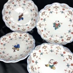 匿名配送/美品/廃盤品】九谷焼/青郊窯/絵変わり/輪花皿/唐子/4枚セット