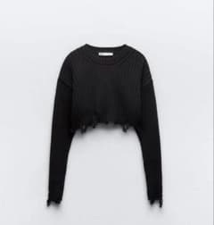 ZARA レディース ダメージクロップド ニットセーター　ブラック Mのサムネイル