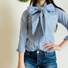 激レア♡ラルフローレン リボンボウタイ シャツブラウス ストライプ ブルーのサムネイル
