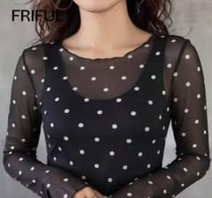 ドット柄 シアーメッシュブラウス　長袖トップス　ブラック　FRIFUL