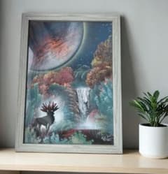 原画　鹿と惑星の幻想風景 スプレーアート A4 額付き インテリアアートのサムネイル