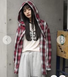WEGO フード付き チェックシャツ 長袖 レッドのサムネイル