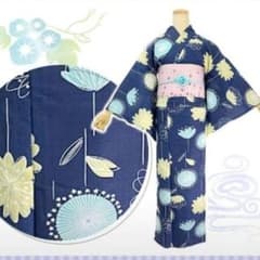 ◇ノー皺加工最高級カルキュロ◇北欧系紺と花の涼しモダン夏浴衣◇しわ