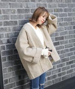 ノーカラーオーバーサイズ ウールブレンドワイドスリーブ長袖ニットコートのサムネイル