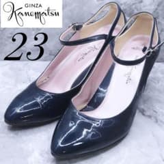 【美品】銀座かねまつ　ローヒールパンプス　エナメル　ネイビー 美品】銀座かねまつ ローヒールパンプス エナメル ネイビー 美品】銀座