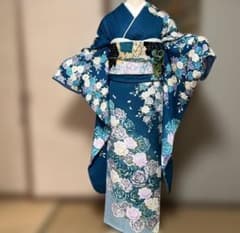 振袖フルセット　成人式　深青色 薔薇柄 トールサイズ 成人式正絹振袖フルセット 青緑 薔薇 大人可愛い ラメ 豪華 トール