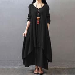 【新品】リネン長袖　ワンピース_ブラック_Lのサムネイル