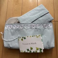 刺繍花柄ポーチ＆ティシュケース付き　涼しげミントグリーン　マスク入れにものサムネイル