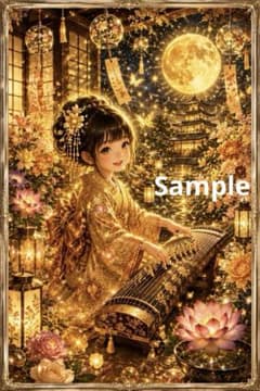 金色の琴が福を奏でる座敷わらし 開運スピリチュアルアート 額縁なし