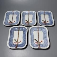 明治時代　有田焼　岩松平吾　色絵軍配形皿　五枚　角岩印　陽刻　珍品　残り僅か 明治時代 有田焼 岩松平吾 色絵軍配形皿 五枚 角岩印 陽刻 珍品 残り