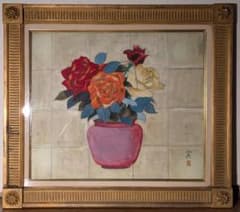 真作】絵画 田中実 日本画10号 赤・橙・白の薔薇 華麗な花瓶図 Z27