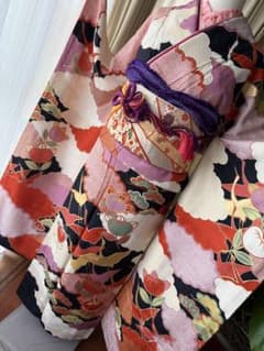 振袖フルセット アイボリー×黒×ピンクパープル×アッシュグリーン 
