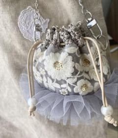 ハンドメイド バッグチャーム44インド刺繍ポーチ巾着花柄フリルカゴ