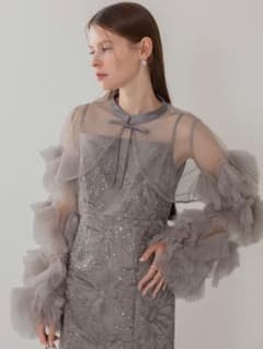 フリルチュールスリーブリボンIラインワンピースドレス結婚式二次会