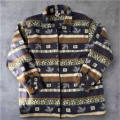 90s 総柄 フリースシャツ L ネイティブ柄 ボーダー 古着 アメカジ