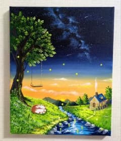 星降る蛍の丘』/アクリル画 原画 癒やしの風景画 猫 星空 ホタル F3