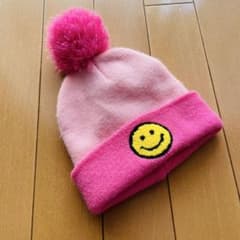 スマイル ニット帽 ポンポン付き ピンク　キッズのサムネイル