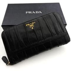 PRADA プラダ　長財布　ナッパレザー　ゴールドロゴ　フラップ　0417-② プラダ 長財布 ナッパレザー ギャザー ラウンドファスナー ロゴ 金具