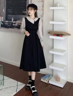 【値下げ中】SHEIN パフスリーブバックリボン配色衿ワンピースのサムネイル