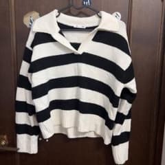GU ボーダー柄 スキッパーニット ホワイト×ブラック Sのサムネイル