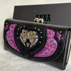 ANNA SUI 長財布 レザー がま口 バタフライ金具 リザード ブラック