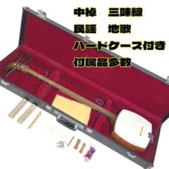 エレキ三味線 中棹 黒檀糸巻き 鼈甲撥 ハードケース付 管理No.7 美品・付属品多数】中棹三味線 民謡 地歌 花梨 ハードケース付 皮破れ