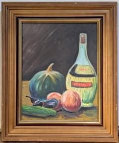 【真作】絵画　油彩6号　静物画　果物とワイン瓶　インテリアアート　Y143 真作】絵画 油彩6号 静物画 果物とワイン瓶 インテリアアート Y143