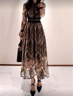 ワンピース　レース　黒　ベージュ　ヌード　ドレス　Sのサムネイル