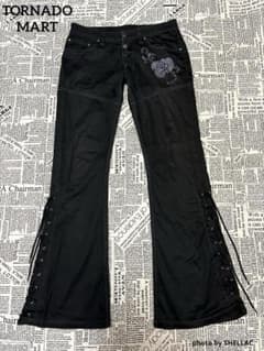 TORNADO MART Rose Embroidery Side Lace-Up Black Flare Pants