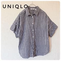 美品UNIQLO ギンガムチェック 半袖シャツ レディース ネイビー ホワイトのサムネイル