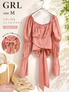GRL 리본 래플 블라우스 くすみ 핑크 M 자르기 길이 플레어 소매