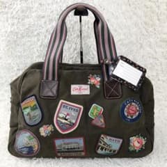 美品】 キャスキッドソン キャンバス ワッペン ボストンバッグ カーキ