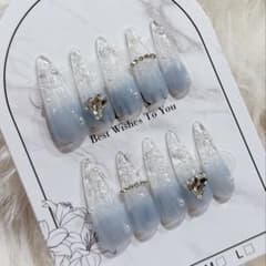 氷結ガラスネイル ネイルチップ ロングポイント ワンホン 水色 韓国氷結ネイルのサムネイル