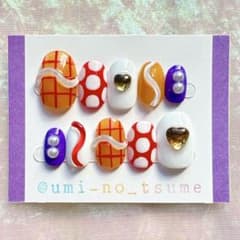 ★現品あり　ネイルチップ　レトロ　ポップ　秋　個性派　ぷっくり　ドット　オレンジのサムネイル
