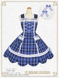 裾スカラップタータンチェックジャンパースカート＆リボンコーム BABY ロリィタ 裾スカラップタータンチェックジャンパースカート＆リボンコームセット