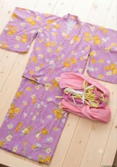 Yukata and obi set, purple floral pattern, women's free size.