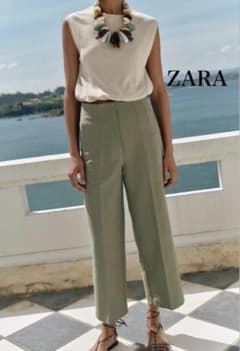 【美品】Zara リネン混 コットン ハイウエスト テーパードパンツ 白のサムネイル