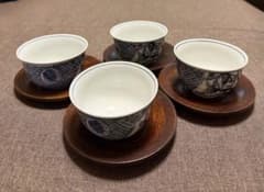 千峰　湯呑み 4客セット 木製茶托付き