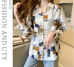 レディース　ブラウス　シャツ　ゆったり　長袖　柄シャツ　楽ちんのサムネイル