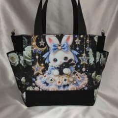 トート ハンドメイドうさぎイラストサイドポケット付きトートバッグ