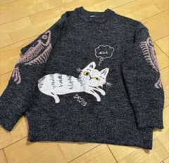 HOOK 個性派・かわいい猫とサカナ刺繍ニットセーター　サイズL ブラックのサムネイル