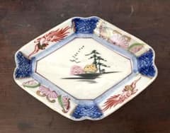 骨董 古伊万里 染錦 色絵 鳳凰 幾何学文様 変形皿 菓子皿 豆皿 和食器のサムネイル