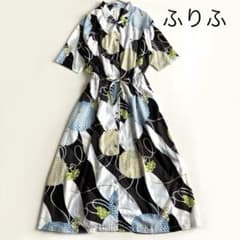 【美品】ふりふ　和柄　花柄 半袖 ロング　シャツワンピース　フリーサイズ　衿付き 美品】ふりふ 和柄 花柄 半袖 ロング シャツワンピース フリーサイズ
