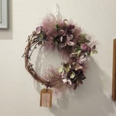 アンティーク調 スモークツリーと紫陽花、小花のドライフラワーリース