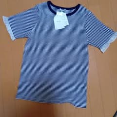 しまむら　mysa ネイビー/ホワイトボーダー半袖シャツ LL